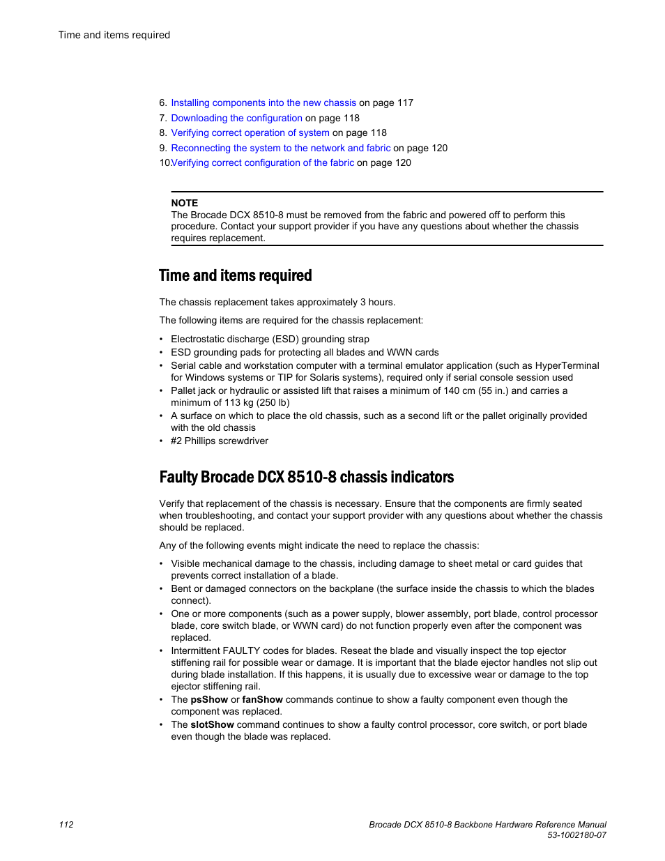 Time and items required, Faulty brocade dcx 8510-8 chassis indicators | Brocade DCX 8510-8 Backbone Hardware Reference Manual User Manual | Page 112 / 178