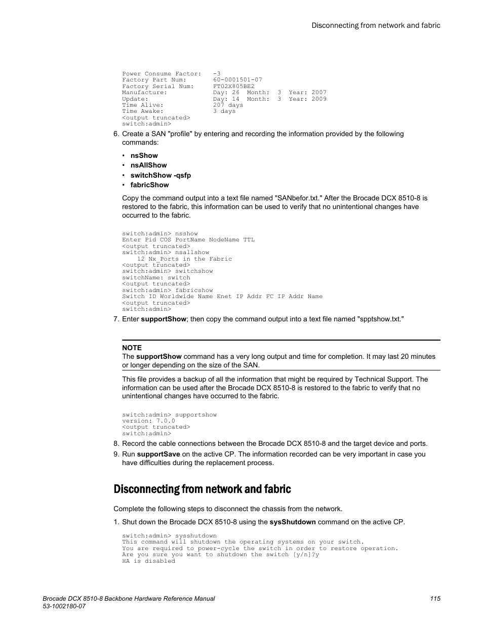 Disconnecting from network and fabric | Brocade DCX 8510-8 Backbone Hardware Reference Manual User Manual | Page 115 / 178