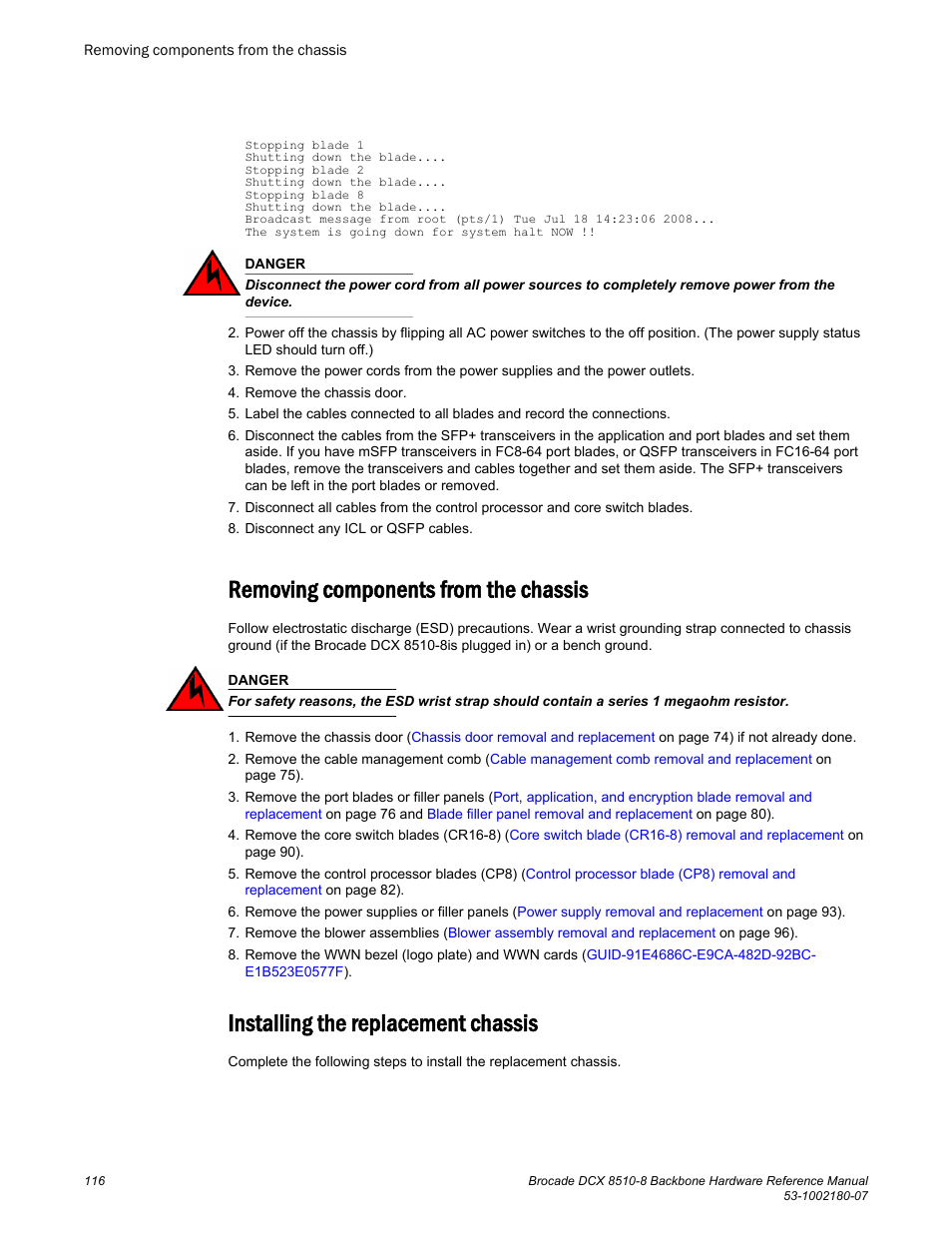 Removing components from the chassis, Installing the replacement chassis | Brocade DCX 8510-8 Backbone Hardware Reference Manual User Manual | Page 116 / 178