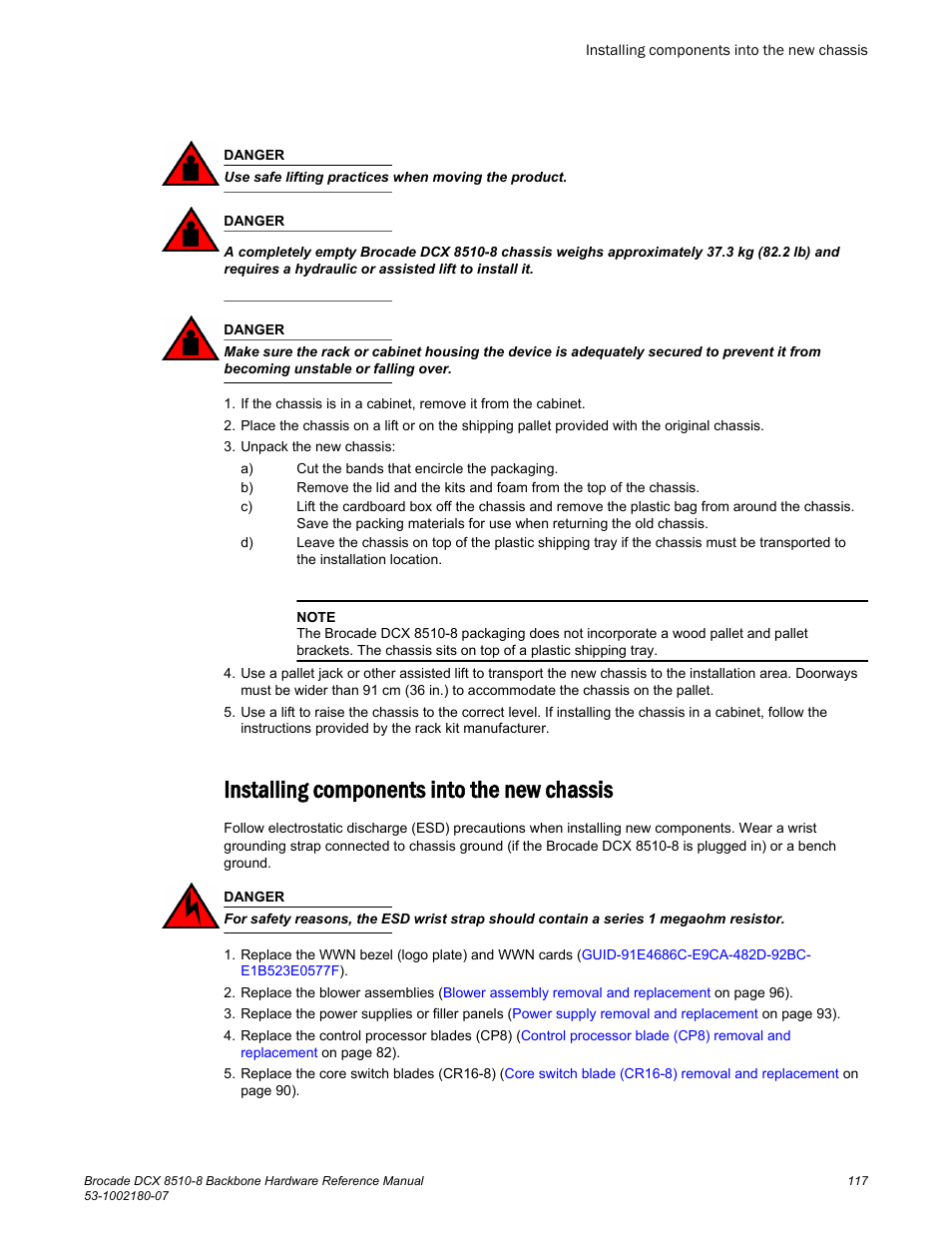 Installing components into the new chassis | Brocade DCX 8510-8 Backbone Hardware Reference Manual User Manual | Page 117 / 178