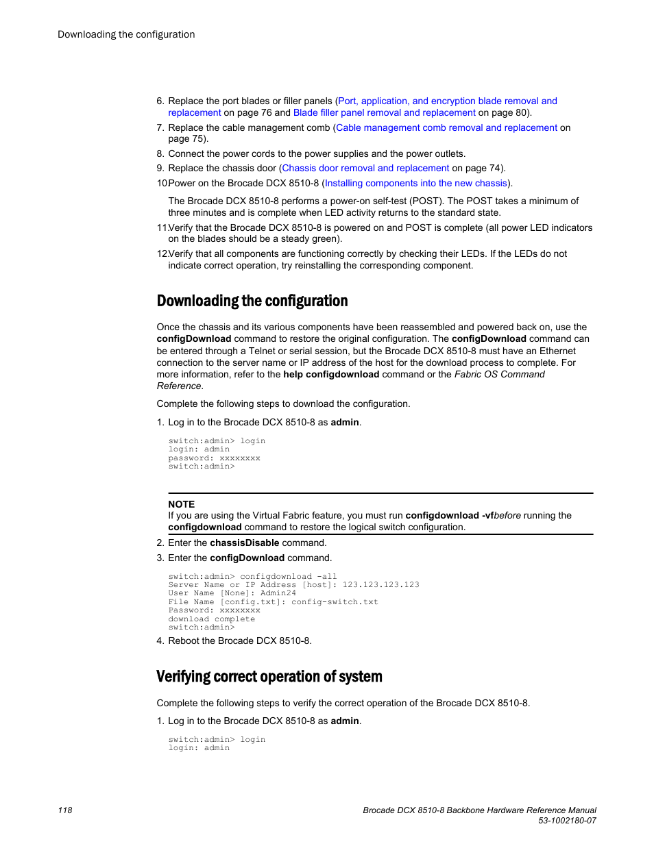 Downloading the configuration, Verifying correct operation of system | Brocade DCX 8510-8 Backbone Hardware Reference Manual User Manual | Page 118 / 178