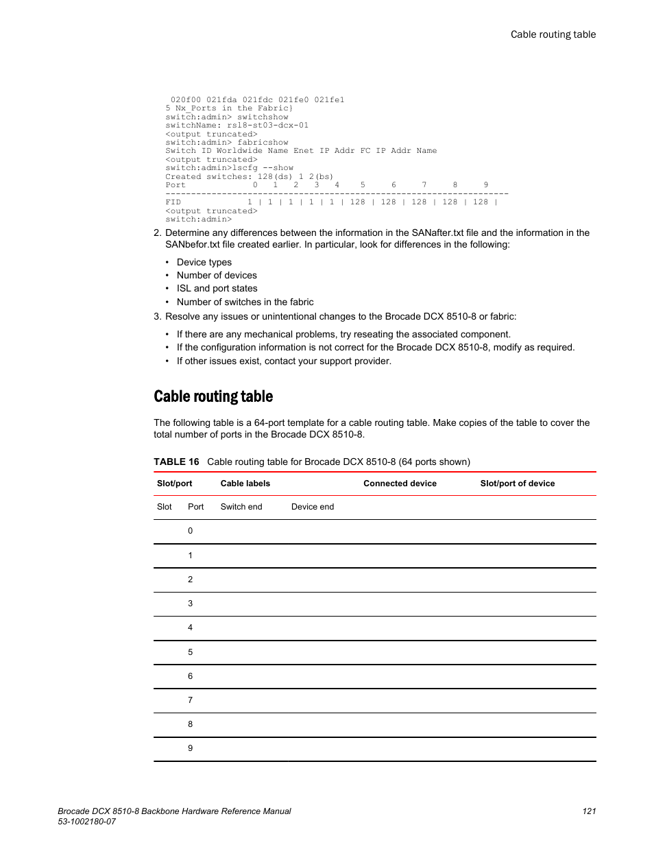 Cable routing table | Brocade DCX 8510-8 Backbone Hardware Reference Manual User Manual | Page 121 / 178