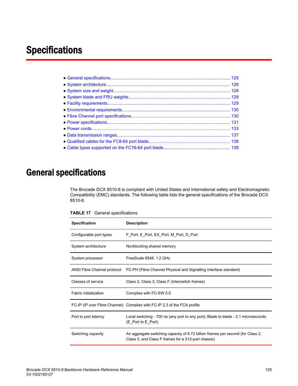 Specifications, General specifications | Brocade DCX 8510-8 Backbone Hardware Reference Manual User Manual | Page 125 / 178