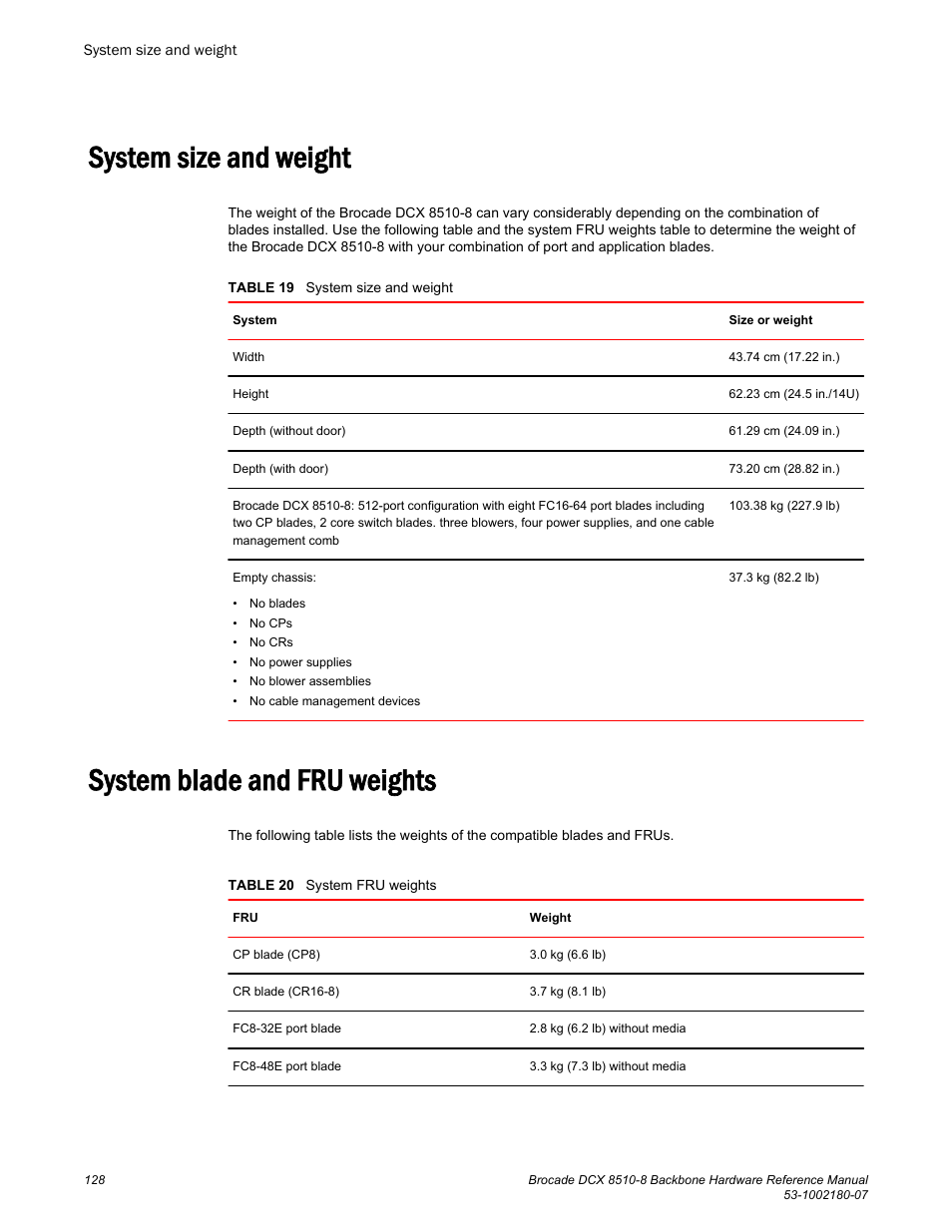 System size and weight, System blade and fru weights | Brocade DCX 8510-8 Backbone Hardware Reference Manual User Manual | Page 128 / 178