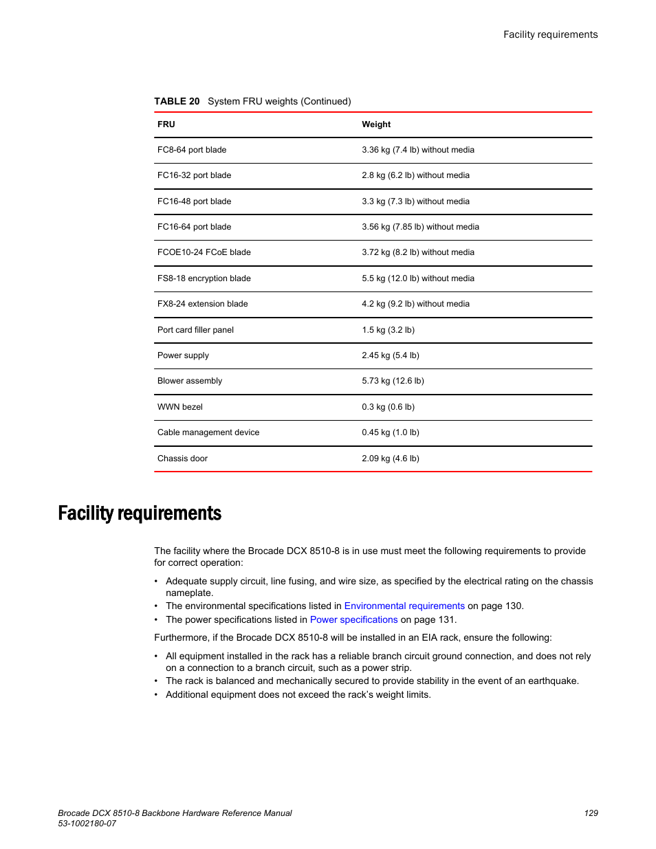 Facility requirements | Brocade DCX 8510-8 Backbone Hardware Reference Manual User Manual | Page 129 / 178