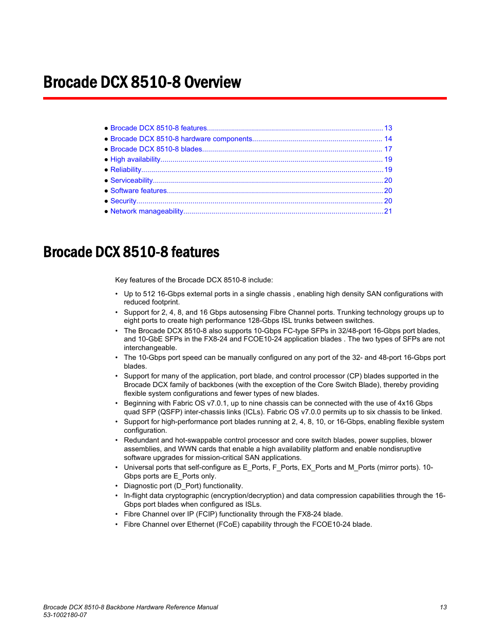 Brocade dcx 8510-8 overview, Brocade dcx 8510-8 features | Brocade DCX 8510-8 Backbone Hardware Reference Manual User Manual | Page 13 / 178