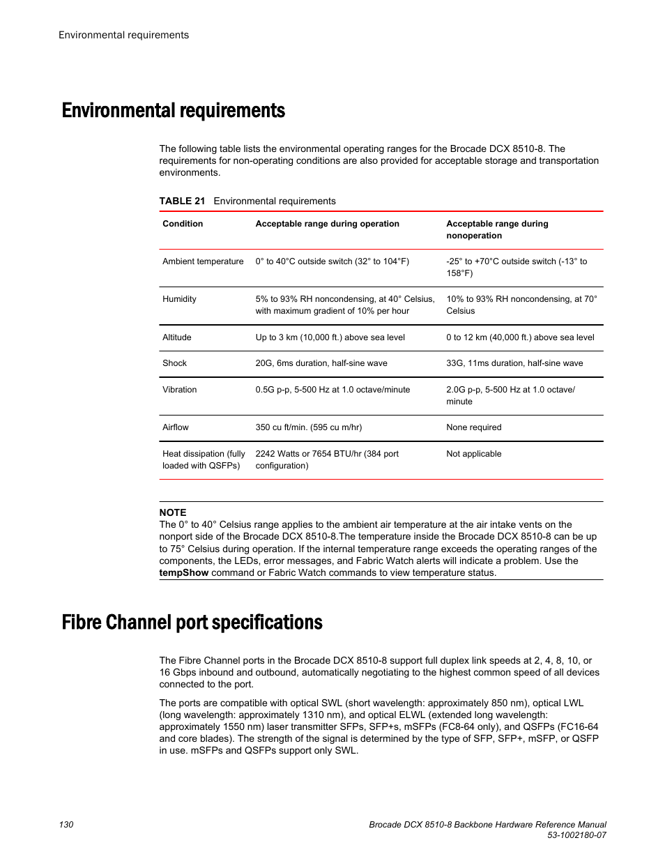 Environmental requirements, Fibre channel port specifications | Brocade DCX 8510-8 Backbone Hardware Reference Manual User Manual | Page 130 / 178