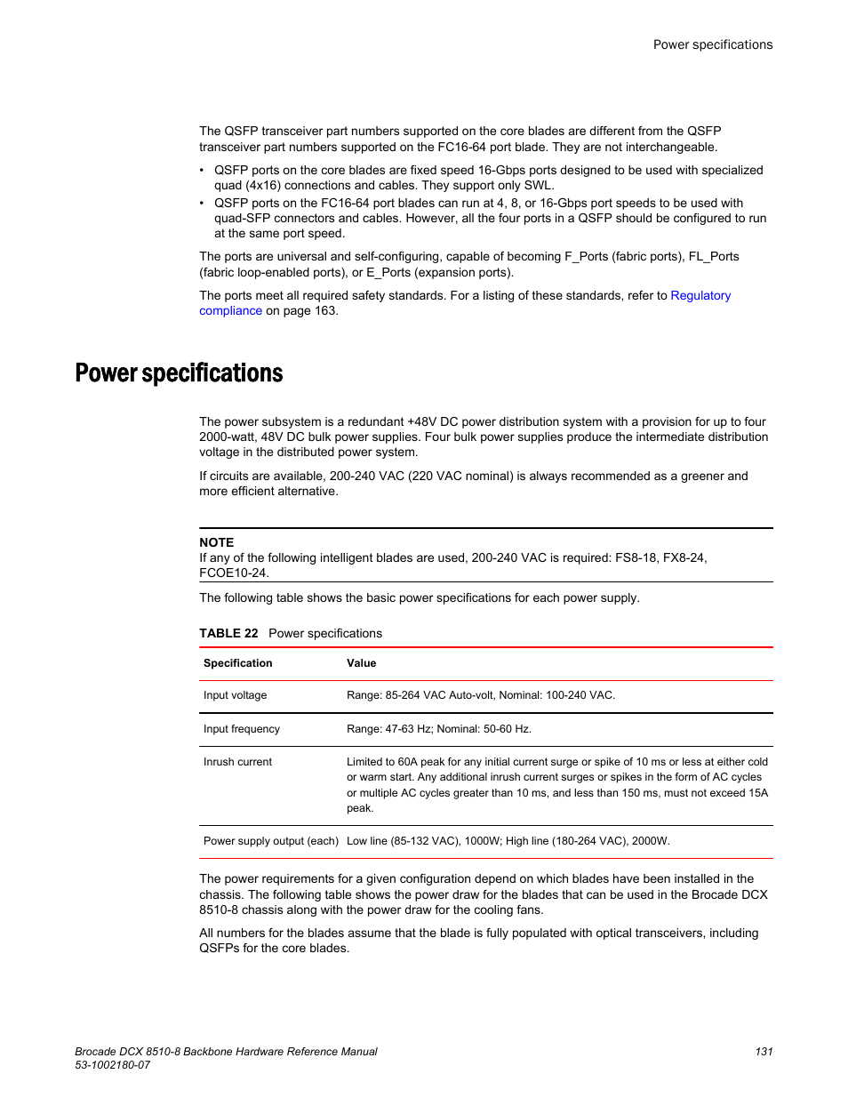 Power specifications, Refer to, For this procedure, refer to | Power, Specifications, The power specifications listed in | Brocade DCX 8510-8 Backbone Hardware Reference Manual User Manual | Page 131 / 178