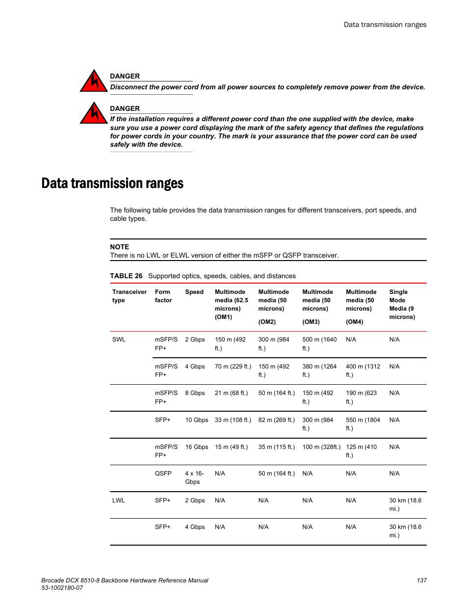 Data transmission ranges | Brocade DCX 8510-8 Backbone Hardware Reference Manual User Manual | Page 137 / 178