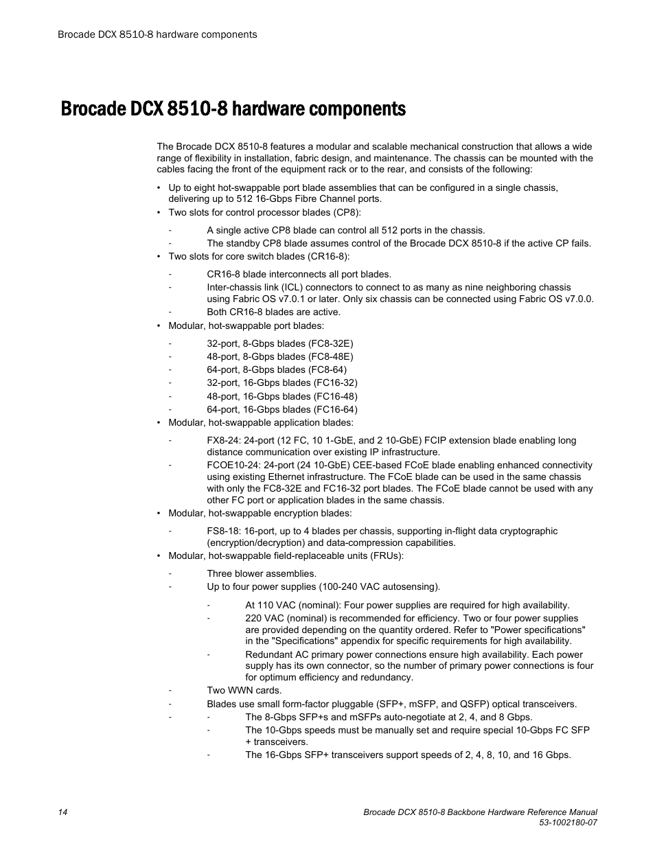 Brocade dcx 8510-8 hardware components | Brocade DCX 8510-8 Backbone Hardware Reference Manual User Manual | Page 14 / 178