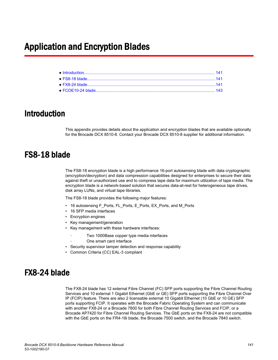 Application and encryption blades, Introduction, Fs8-18 blade | Fx8-24 blade, Introduction fs8-18 blade fx8-24 blade | Brocade DCX 8510-8 Backbone Hardware Reference Manual User Manual | Page 141 / 178