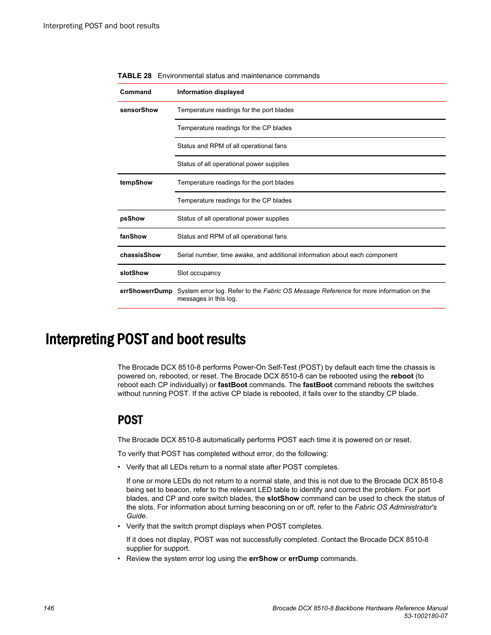 Interpreting post and boot results, Post, Interpreting post and boot | Results | Brocade DCX 8510-8 Backbone Hardware Reference Manual User Manual | Page 146 / 178