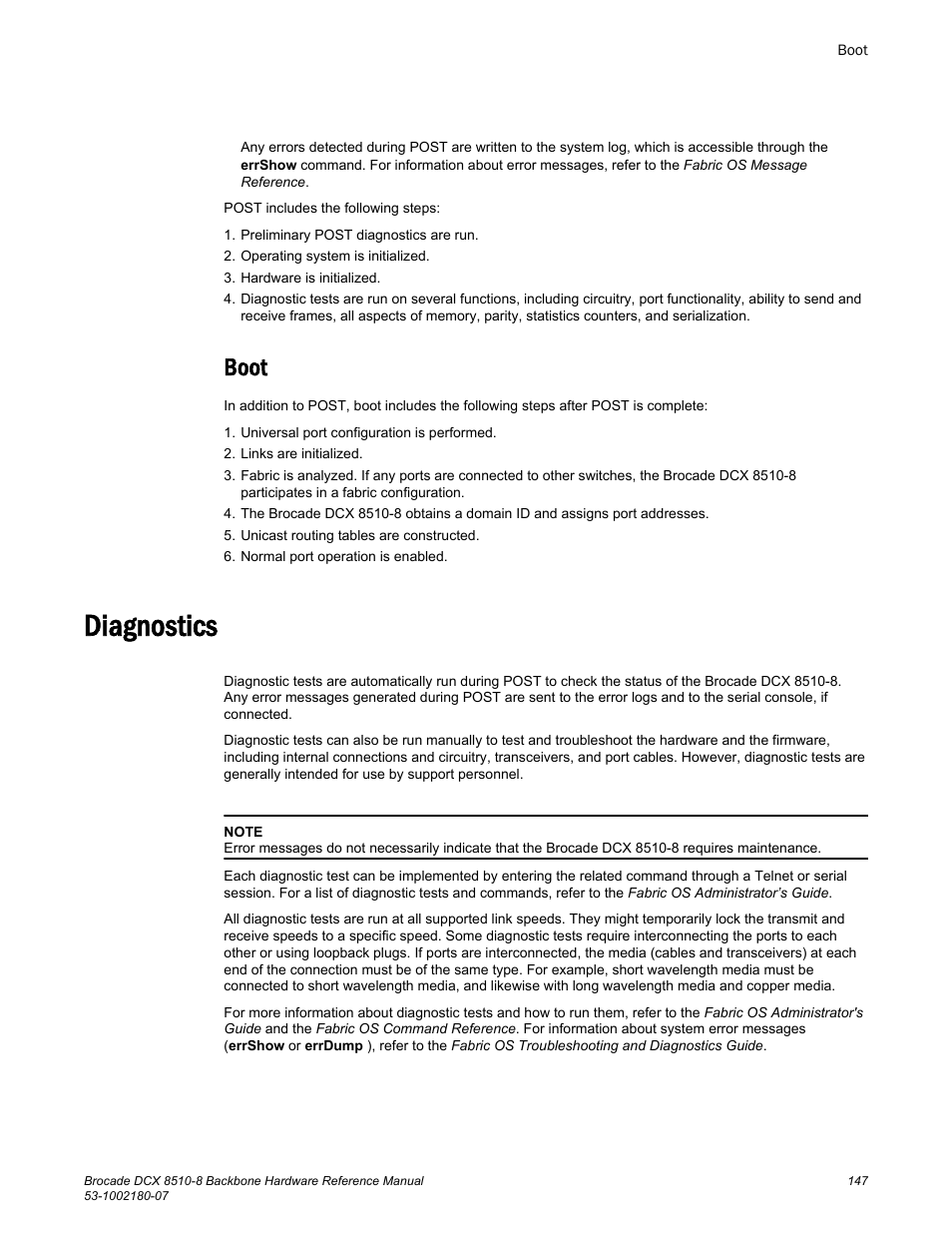 Boot, Diagnostics, Run diagnostic tests | Brocade DCX 8510-8 Backbone Hardware Reference Manual User Manual | Page 147 / 178