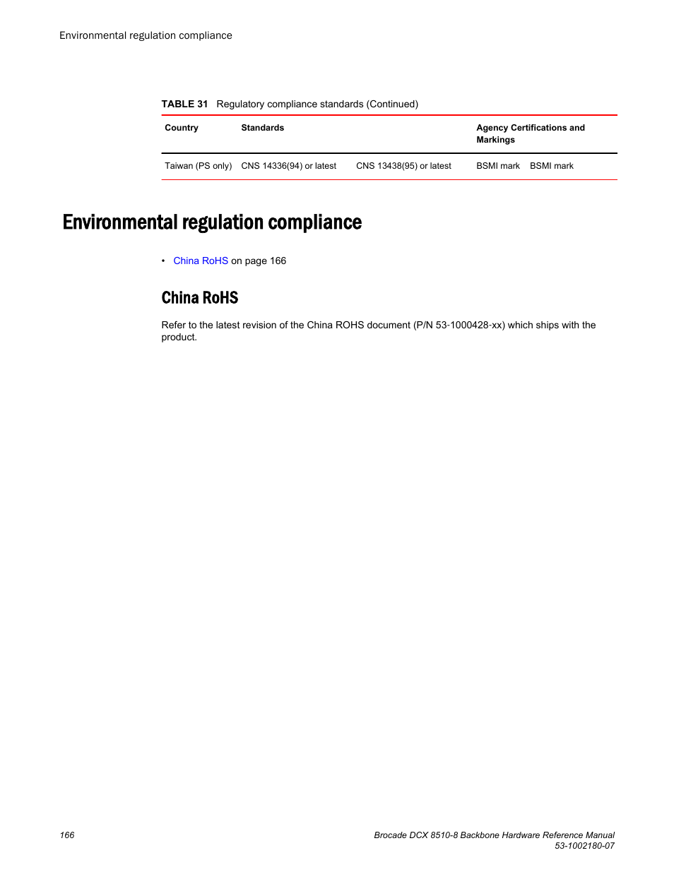 Environmental regulation compliance, China rohs | Brocade DCX 8510-8 Backbone Hardware Reference Manual User Manual | Page 166 / 178