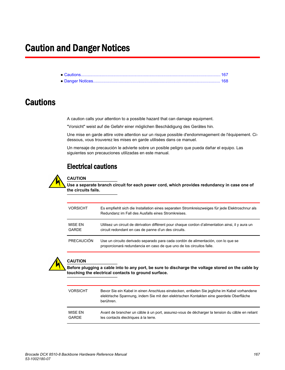 Caution and danger notices, Cautions, Electrical cautions | Brocade DCX 8510-8 Backbone Hardware Reference Manual User Manual | Page 167 / 178