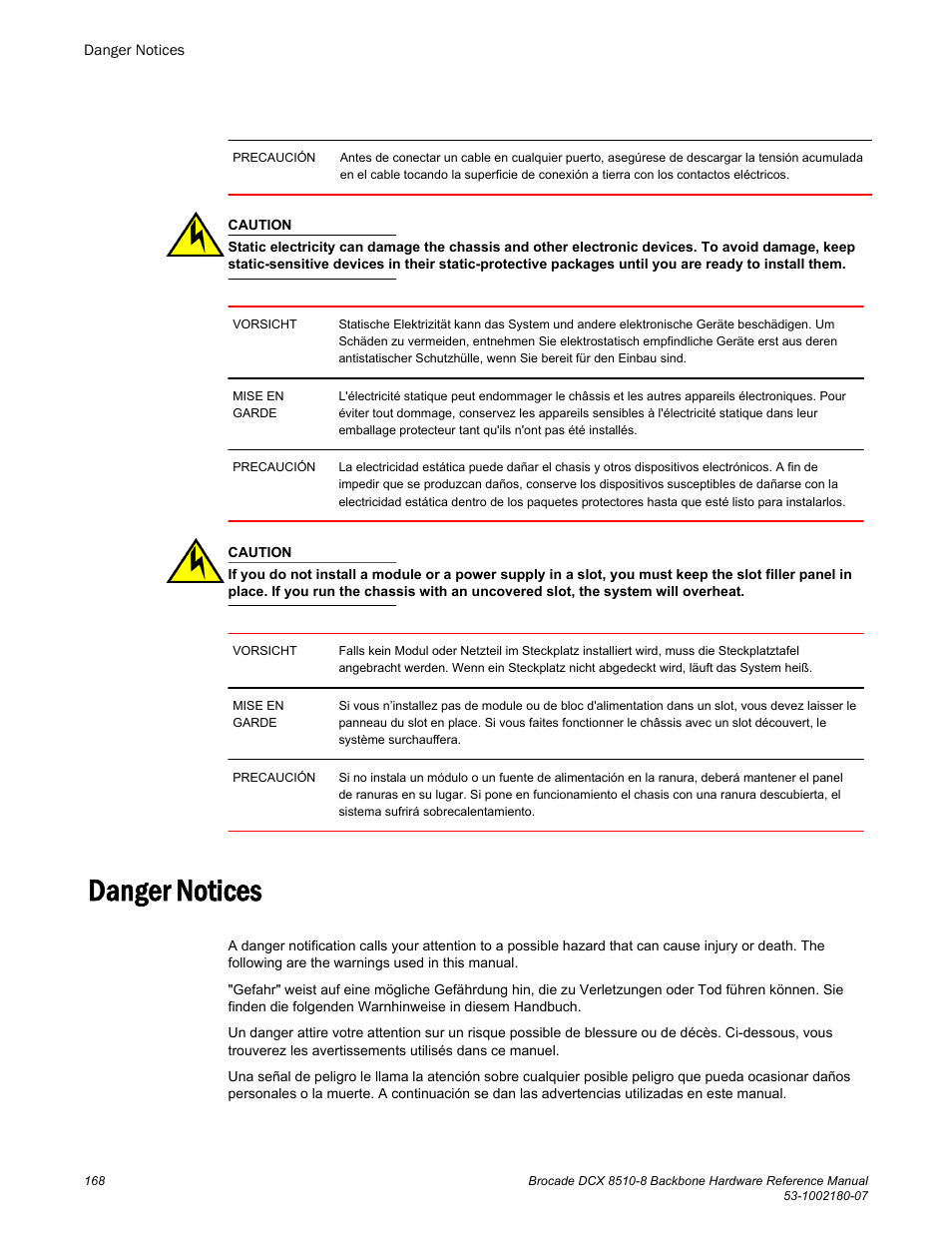 Danger notices | Brocade DCX 8510-8 Backbone Hardware Reference Manual User Manual | Page 168 / 178