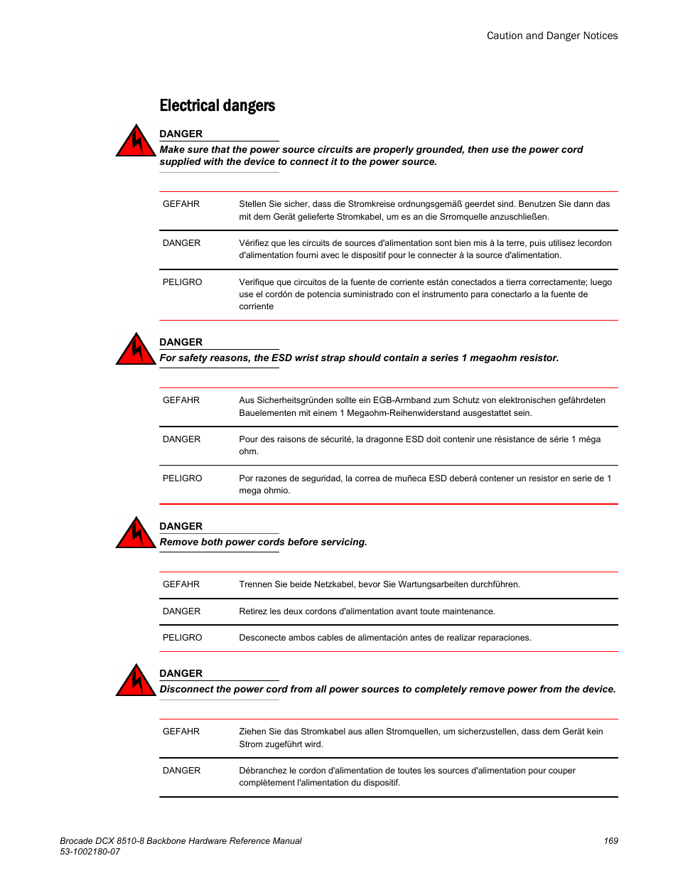 Electrical dangers | Brocade DCX 8510-8 Backbone Hardware Reference Manual User Manual | Page 169 / 178