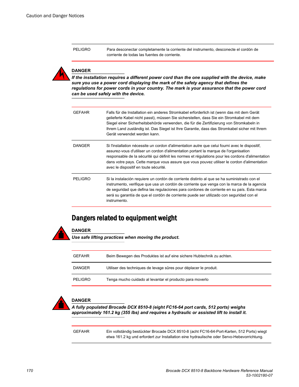 Dangers related to equipment weight | Brocade DCX 8510-8 Backbone Hardware Reference Manual User Manual | Page 170 / 178