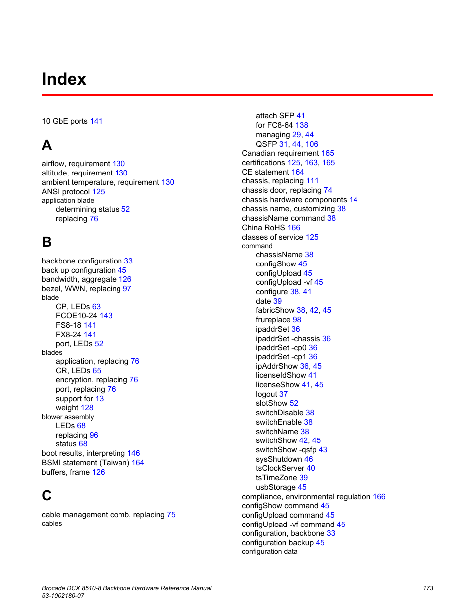 Index | Brocade DCX 8510-8 Backbone Hardware Reference Manual User Manual | Page 173 / 178