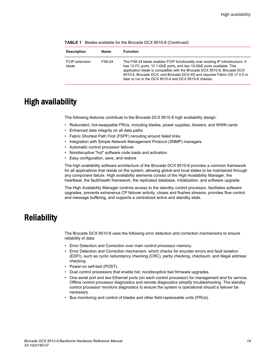 High availability, Reliability, High availability reliability | Brocade DCX 8510-8 Backbone Hardware Reference Manual User Manual | Page 19 / 178