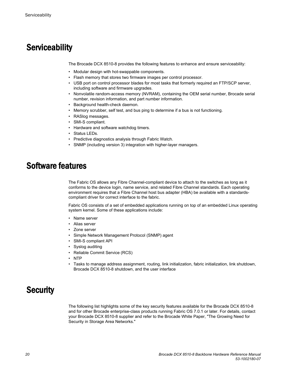 Serviceability, Software features, Security | Serviceability software features security | Brocade DCX 8510-8 Backbone Hardware Reference Manual User Manual | Page 20 / 178