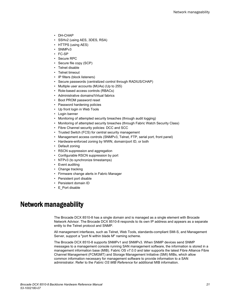 Network manageability | Brocade DCX 8510-8 Backbone Hardware Reference Manual User Manual | Page 21 / 178