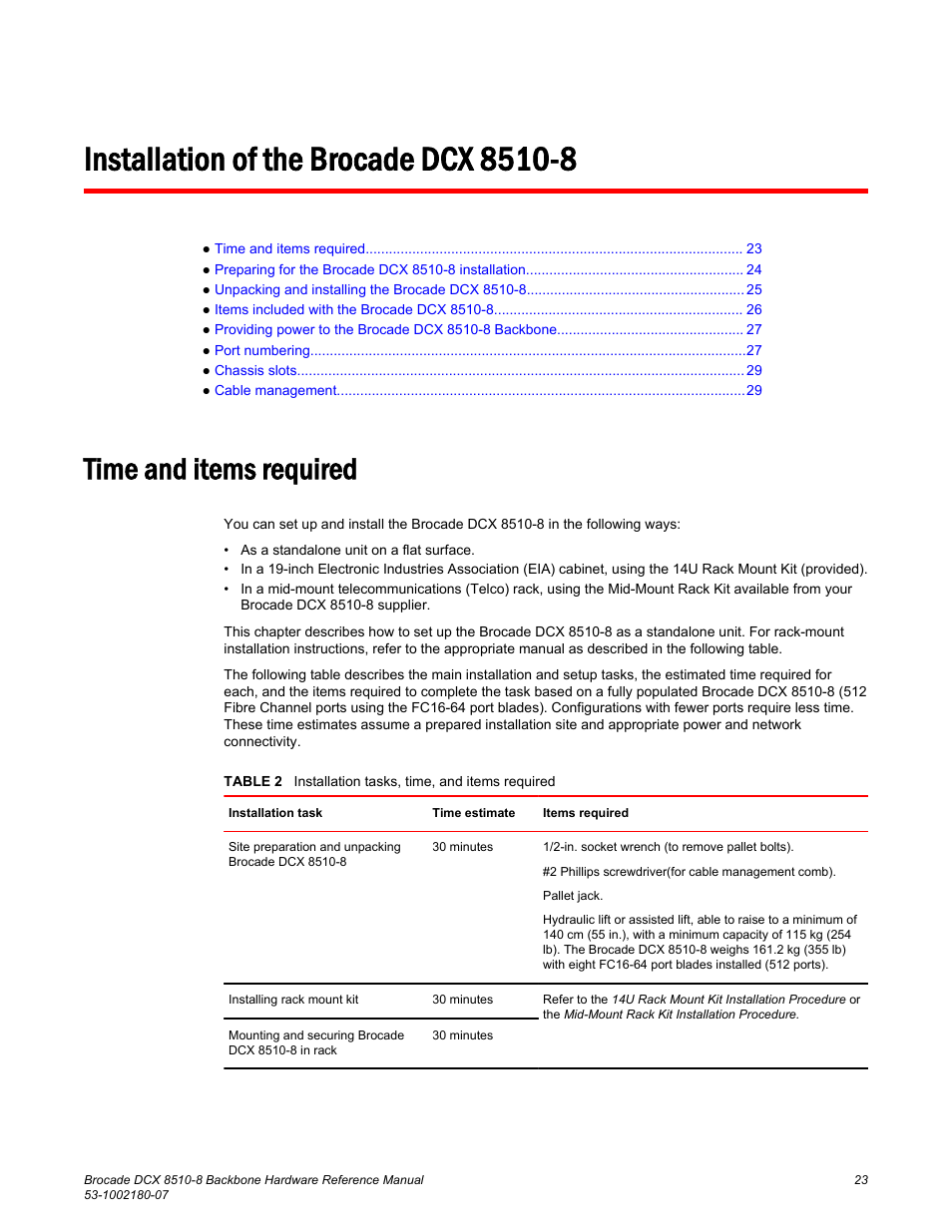 Installation of the brocade dcx 8510-8, Time and items required | Brocade DCX 8510-8 Backbone Hardware Reference Manual User Manual | Page 23 / 178