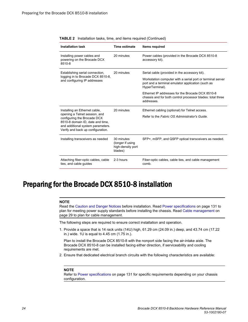 Preparing for the brocade dcx 8510-8 installation | Brocade DCX 8510-8 Backbone Hardware Reference Manual User Manual | Page 24 / 178