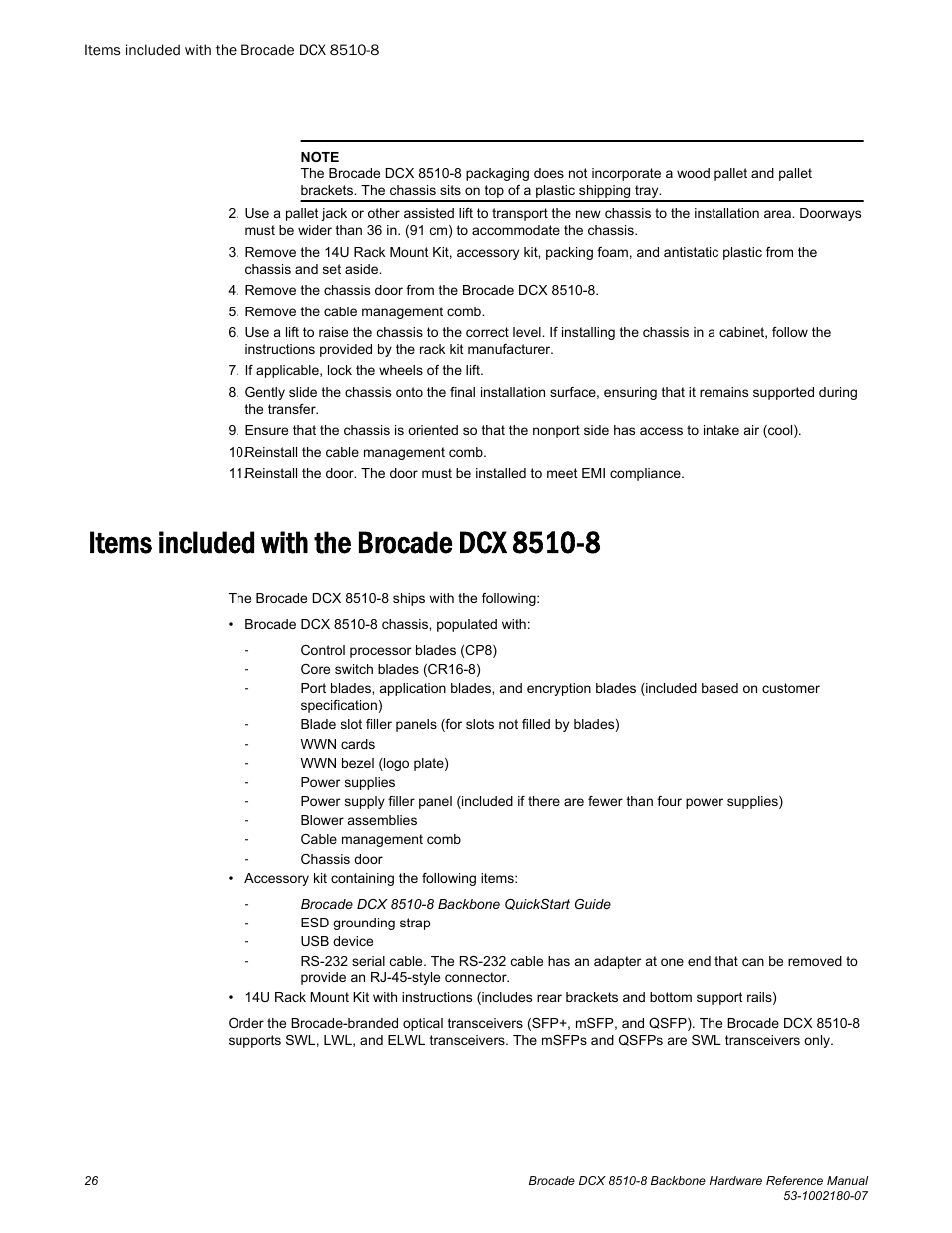 Items included with the brocade dcx 8510-8 | Brocade DCX 8510-8 Backbone Hardware Reference Manual User Manual | Page 26 / 178