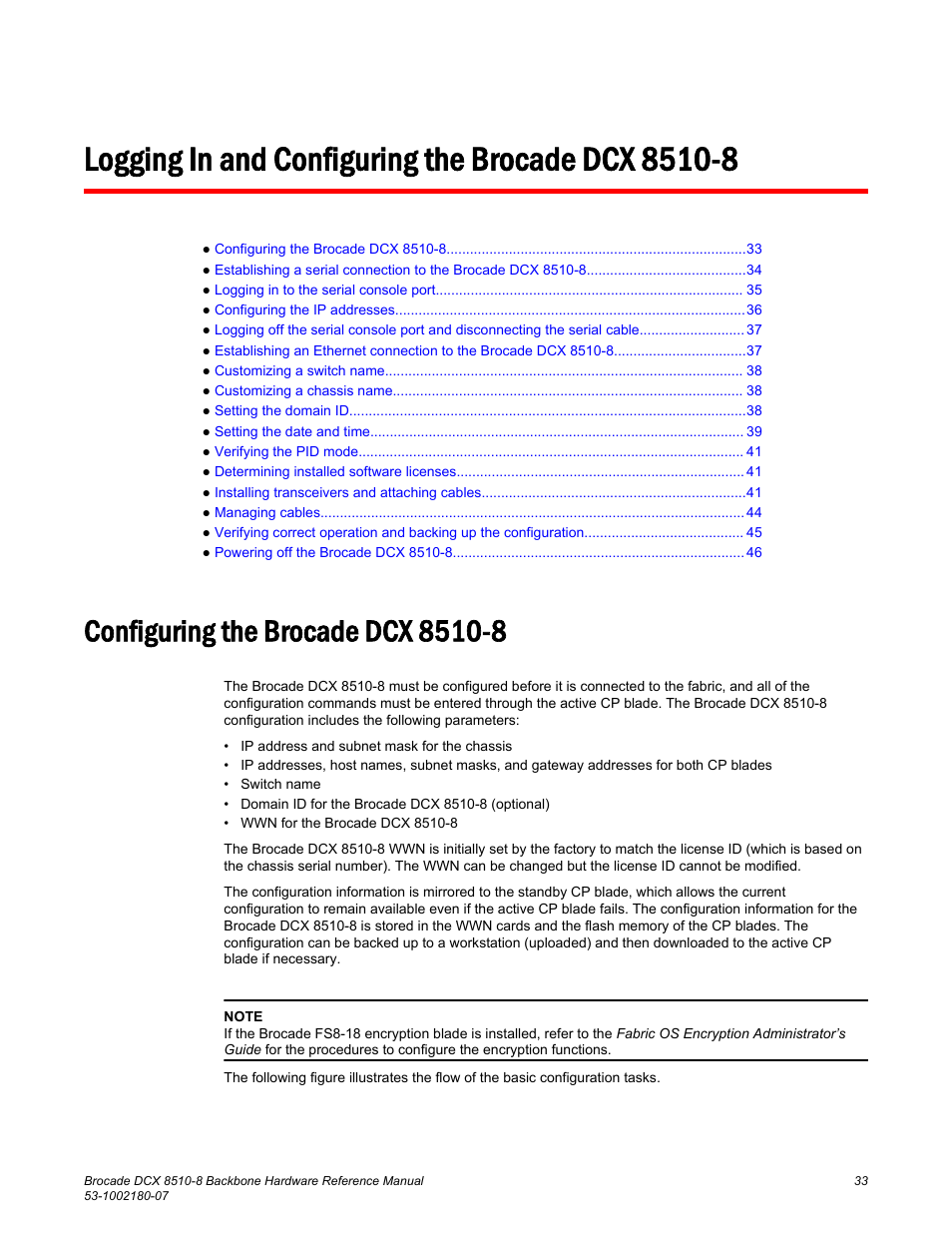 Logging in and configuring the brocade dcx 8510-8, Configuring the brocade dcx 8510-8 | Brocade DCX 8510-8 Backbone Hardware Reference Manual User Manual | Page 33 / 178