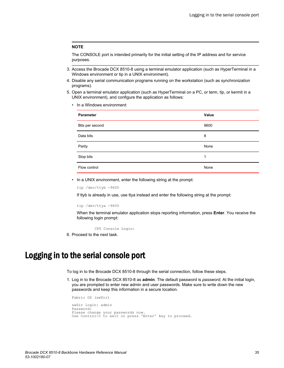 Logging in to the serial console port | Brocade DCX 8510-8 Backbone Hardware Reference Manual User Manual | Page 35 / 178