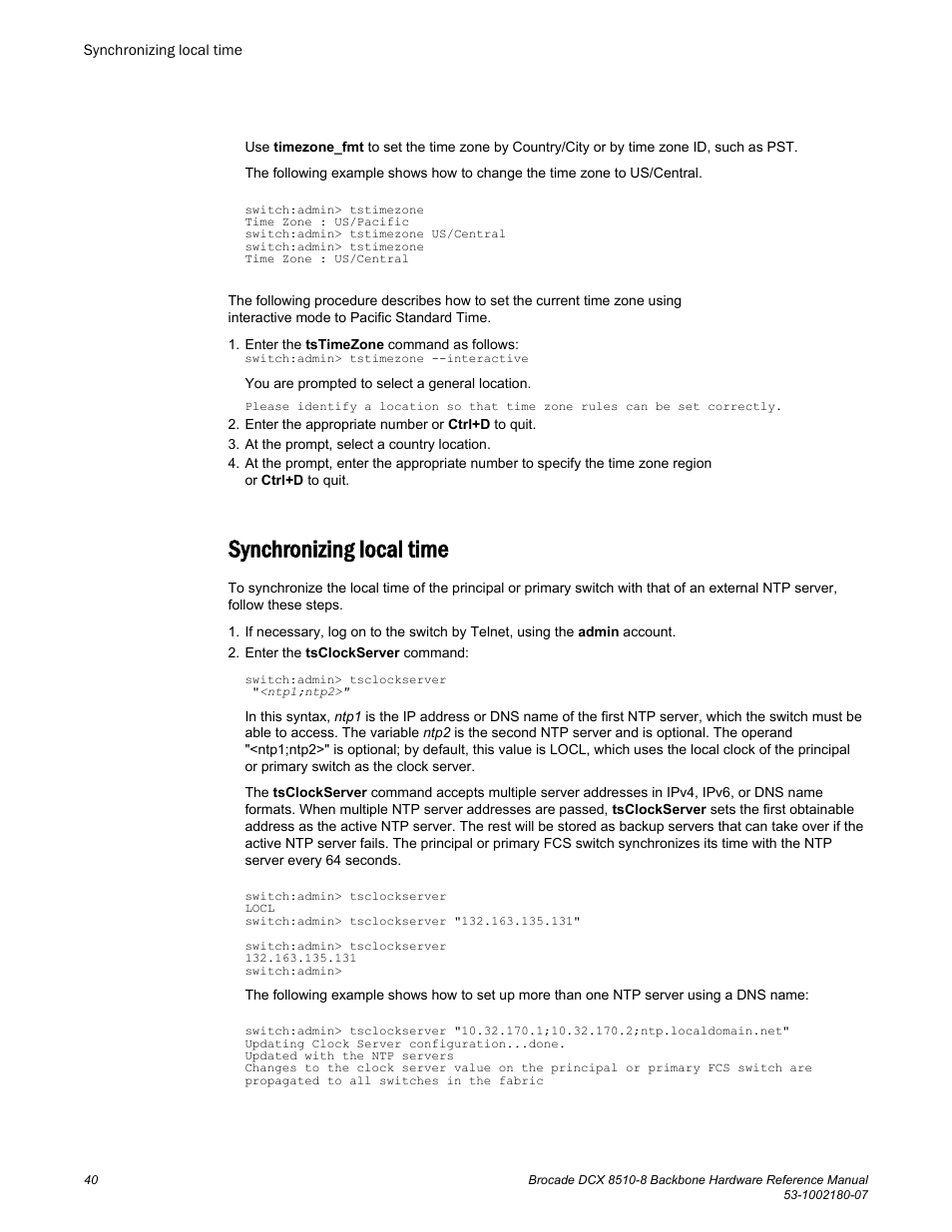 Synchronizing local time | Brocade DCX 8510-8 Backbone Hardware Reference Manual User Manual | Page 40 / 178