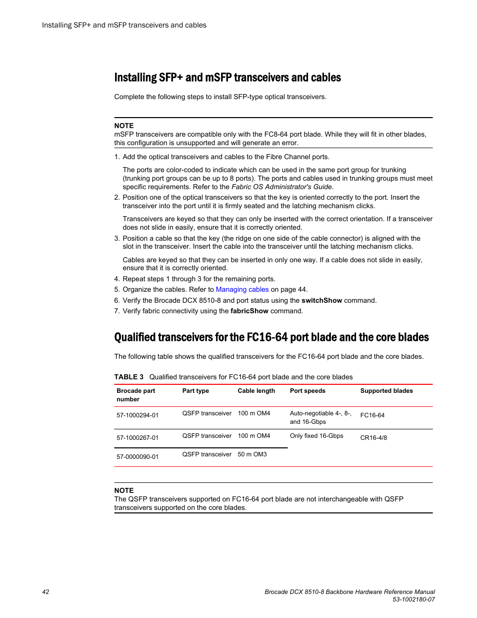 Installing sfp+ and msfp transceivers and cables, Blades | Brocade DCX 8510-8 Backbone Hardware Reference Manual User Manual | Page 42 / 178