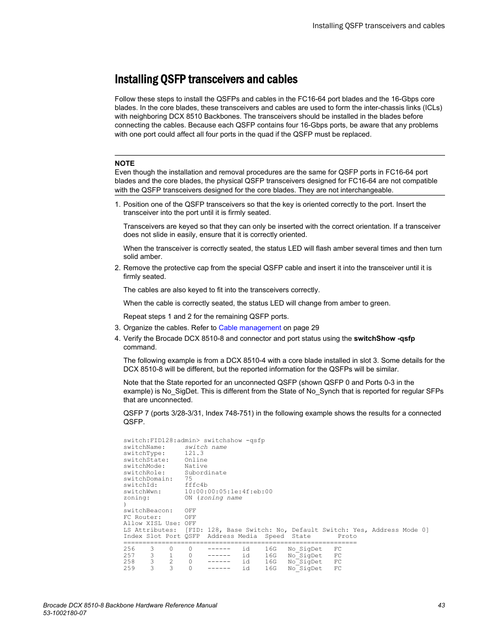 Installing qsfp transceivers and cables | Brocade DCX 8510-8 Backbone Hardware Reference Manual User Manual | Page 43 / 178