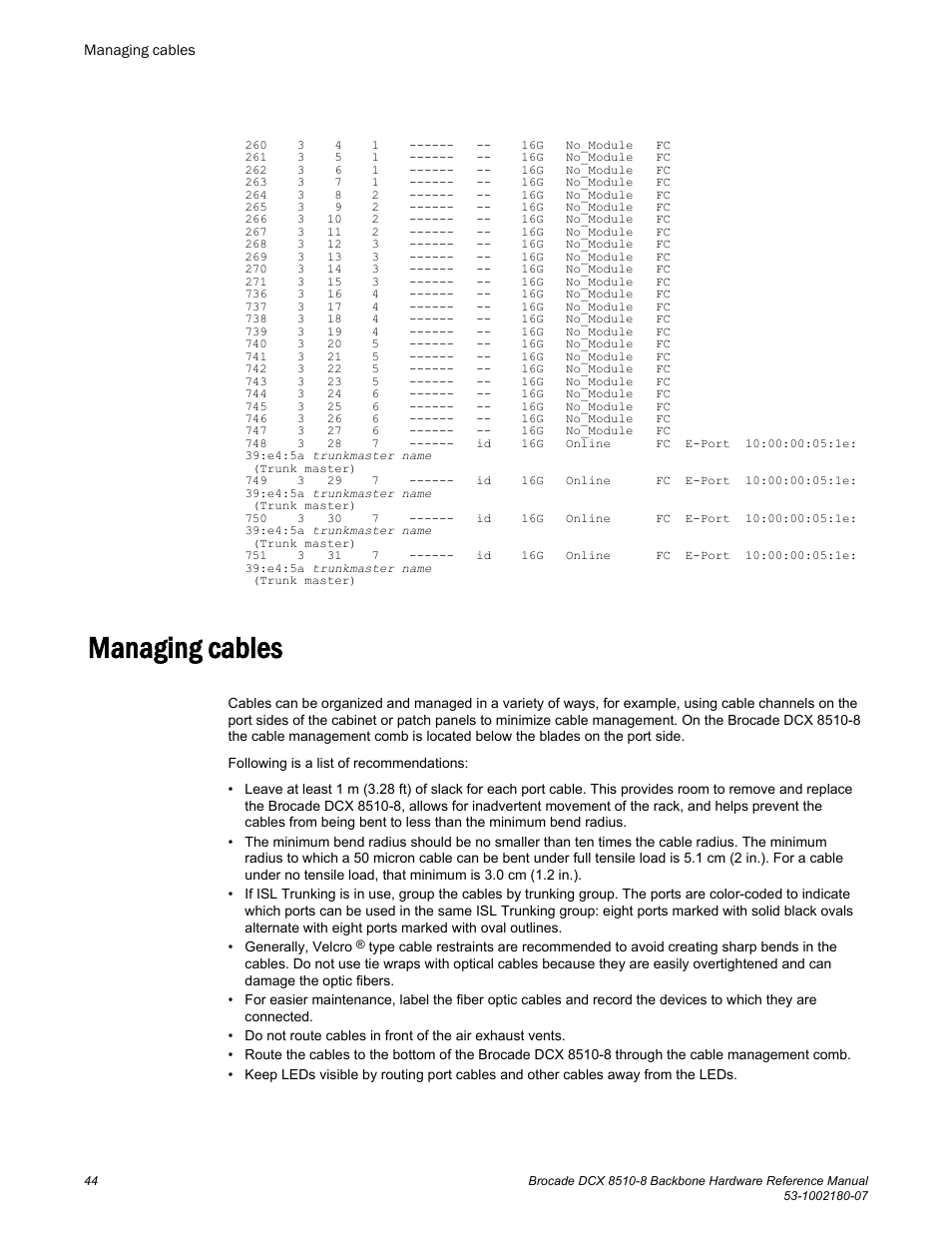 Managing cables | Brocade DCX 8510-8 Backbone Hardware Reference Manual User Manual | Page 44 / 178