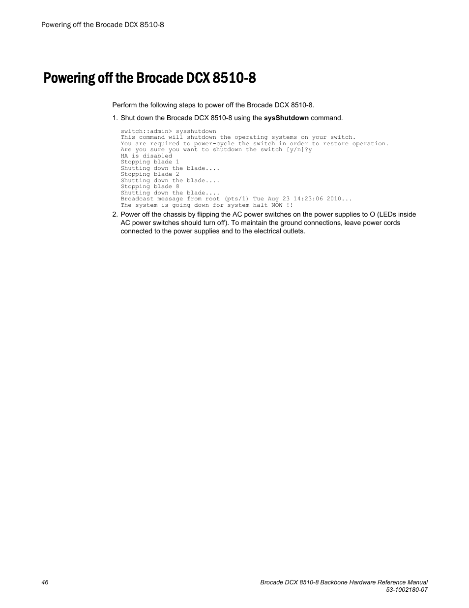 Powering off the brocade dcx 8510-8 | Brocade DCX 8510-8 Backbone Hardware Reference Manual User Manual | Page 46 / 178