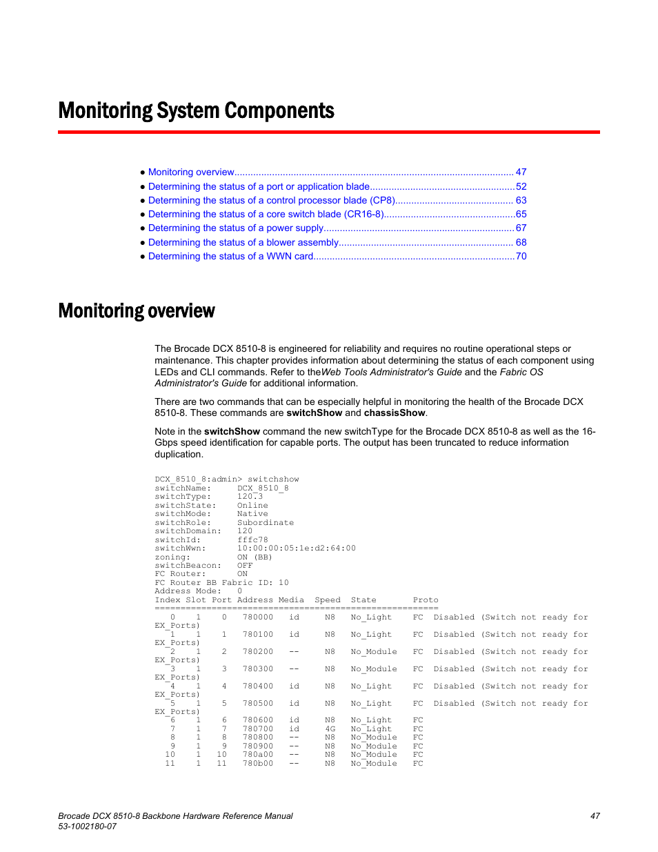 Monitoring system components, Monitoring overview | Brocade DCX 8510-8 Backbone Hardware Reference Manual User Manual | Page 47 / 178