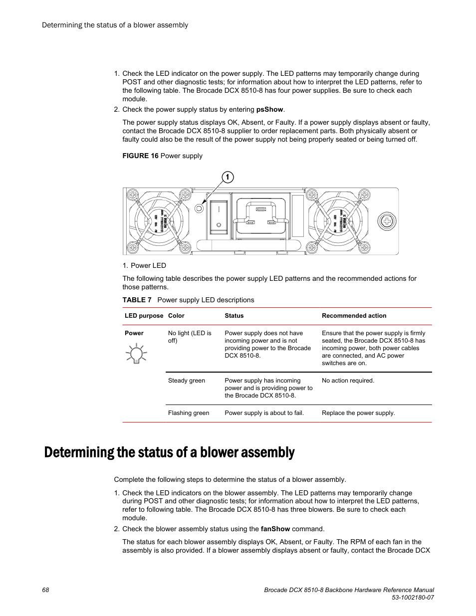 Determining the status of a blower assembly | Brocade DCX 8510-8 Backbone Hardware Reference Manual User Manual | Page 68 / 178