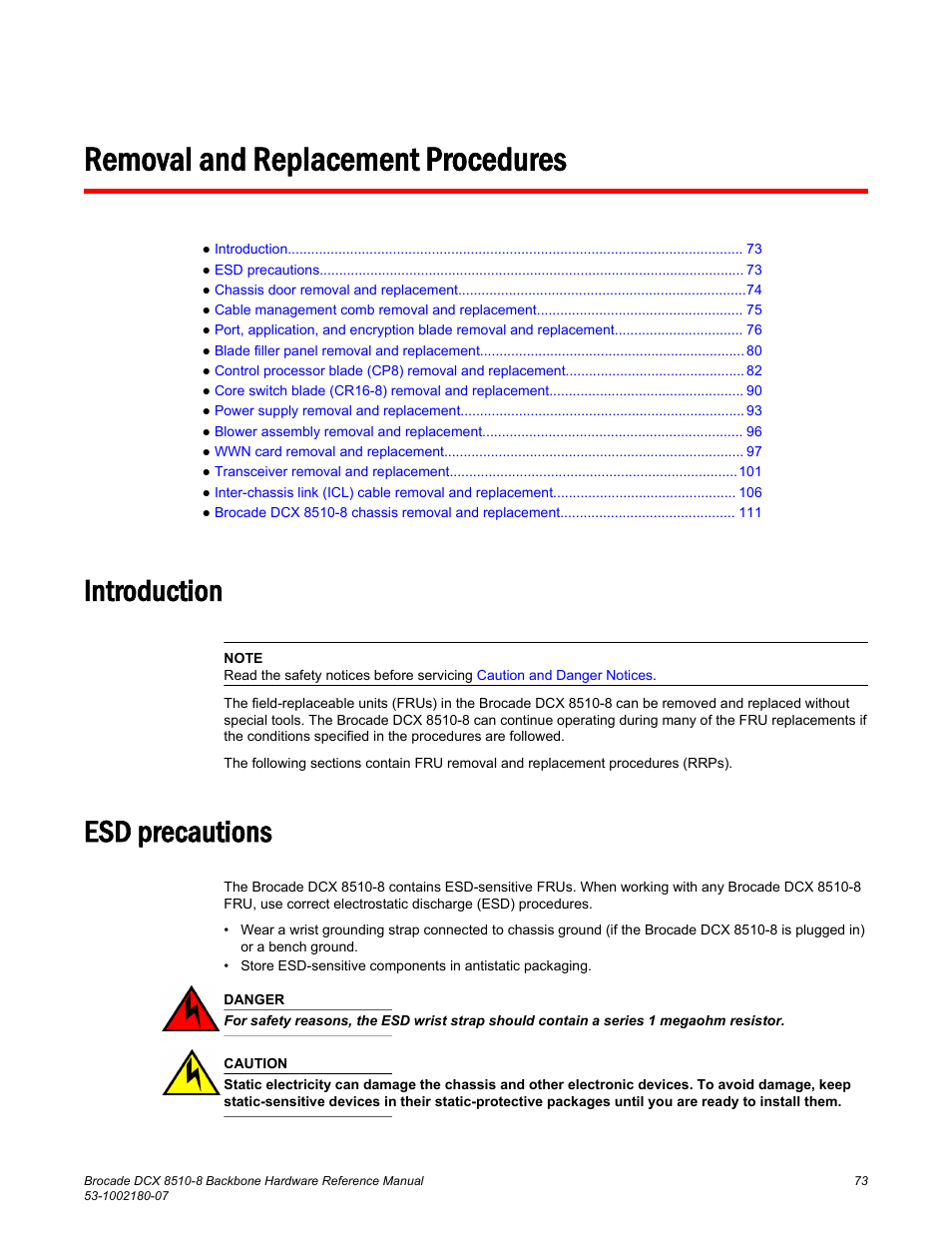 Removal and replacement procedures, Introduction, Esd precautions | Introduction esd precautions | Brocade DCX 8510-8 Backbone Hardware Reference Manual User Manual | Page 73 / 178