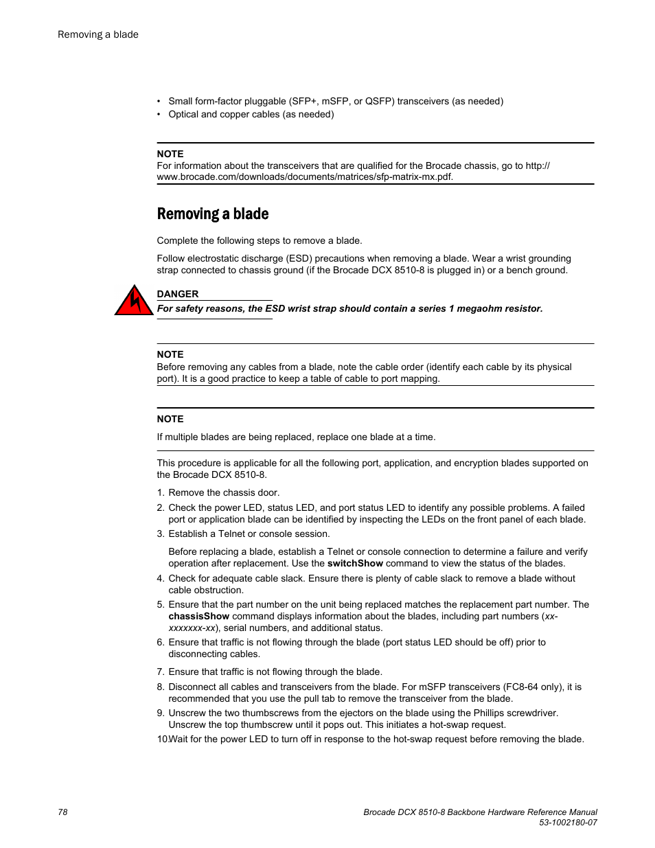 Removing a blade | Brocade DCX 8510-8 Backbone Hardware Reference Manual User Manual | Page 78 / 178