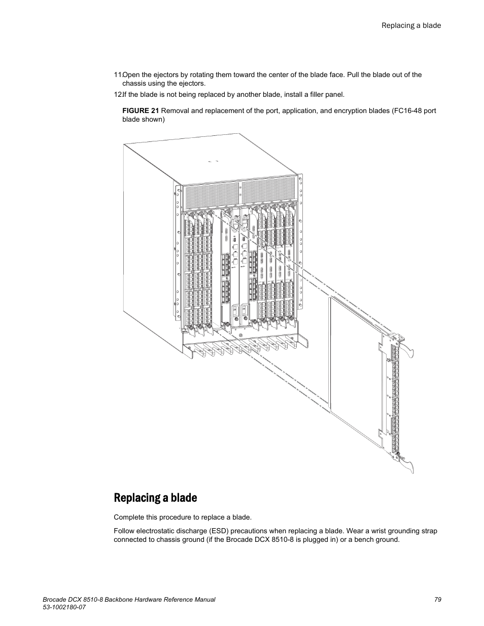 Replacing a blade | Brocade DCX 8510-8 Backbone Hardware Reference Manual User Manual | Page 79 / 178