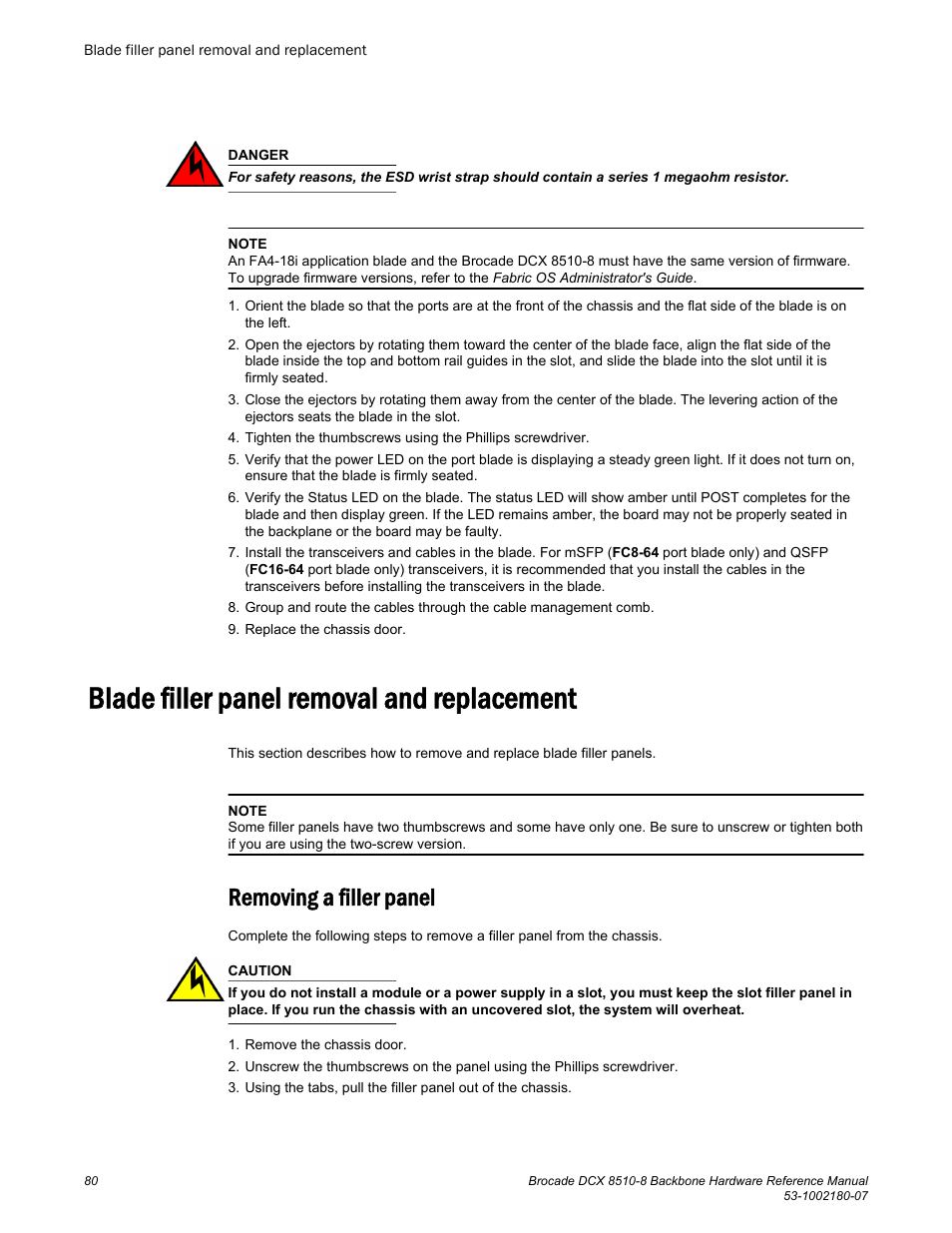 Blade filler panel removal and replacement, Removing a filler panel | Brocade DCX 8510-8 Backbone Hardware Reference Manual User Manual | Page 80 / 178