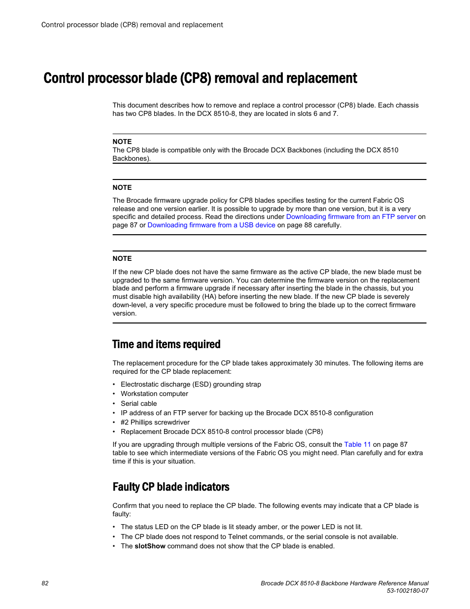 Time and items required, Faulty cp blade indicators, Time and items required faulty cp blade indicators | Brocade DCX 8510-8 Backbone Hardware Reference Manual User Manual | Page 82 / 178