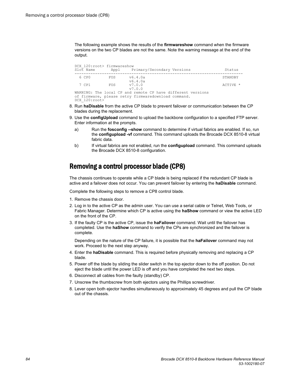 Removing a control processor blade (cp8) | Brocade DCX 8510-8 Backbone Hardware Reference Manual User Manual | Page 84 / 178