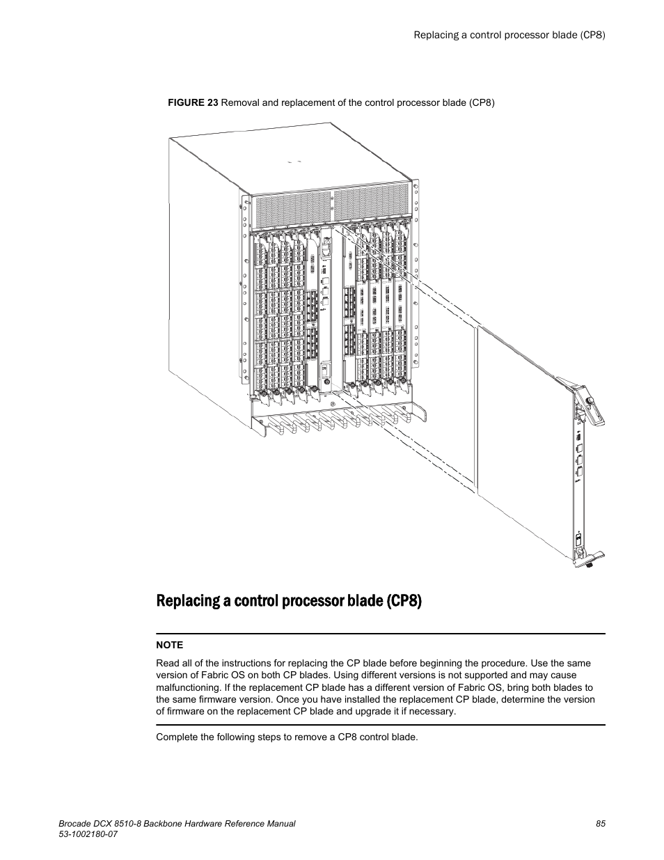 Replacing a control processor blade (cp8) | Brocade DCX 8510-8 Backbone Hardware Reference Manual User Manual | Page 85 / 178
