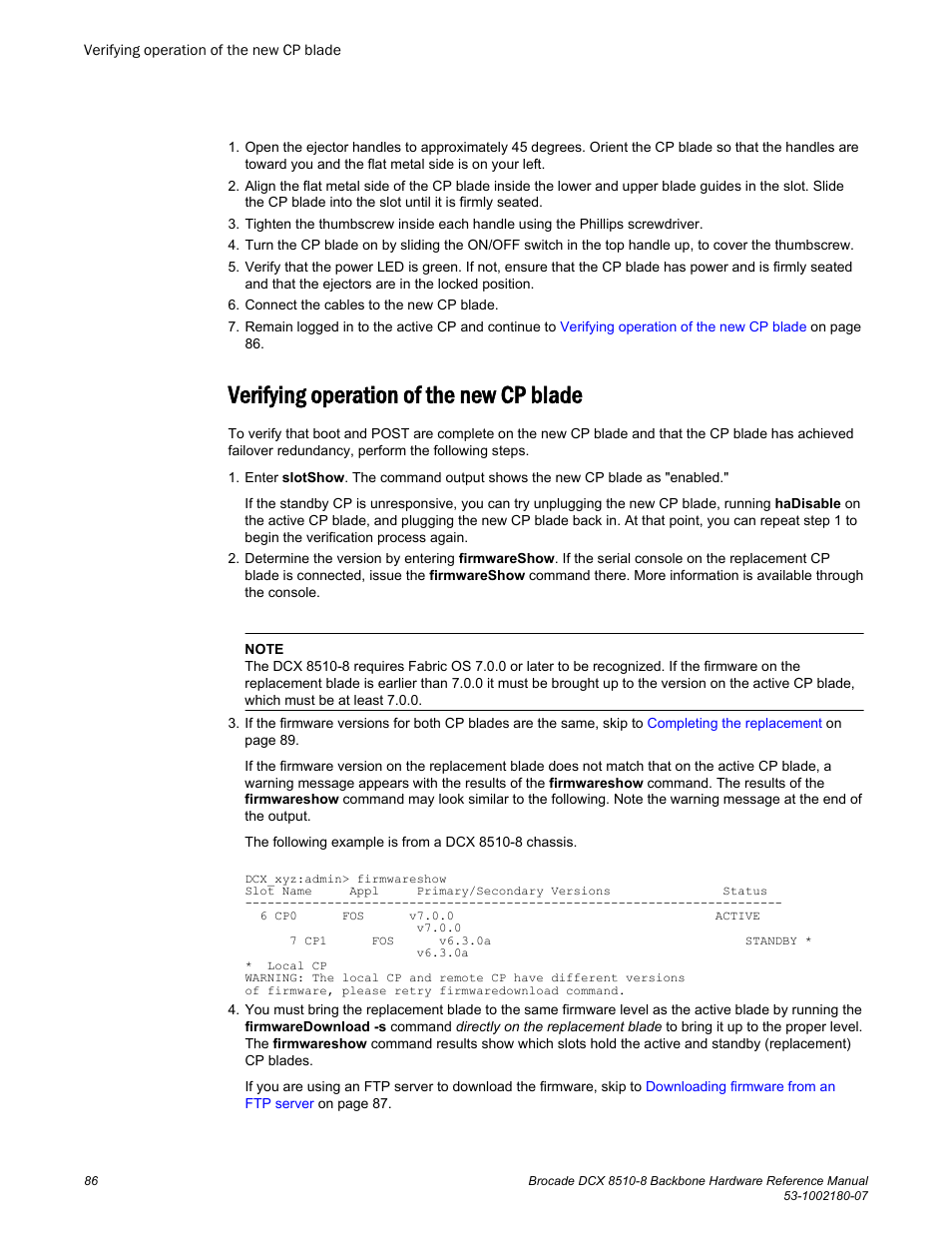 Verifying operation of the new cp blade | Brocade DCX 8510-8 Backbone Hardware Reference Manual User Manual | Page 86 / 178