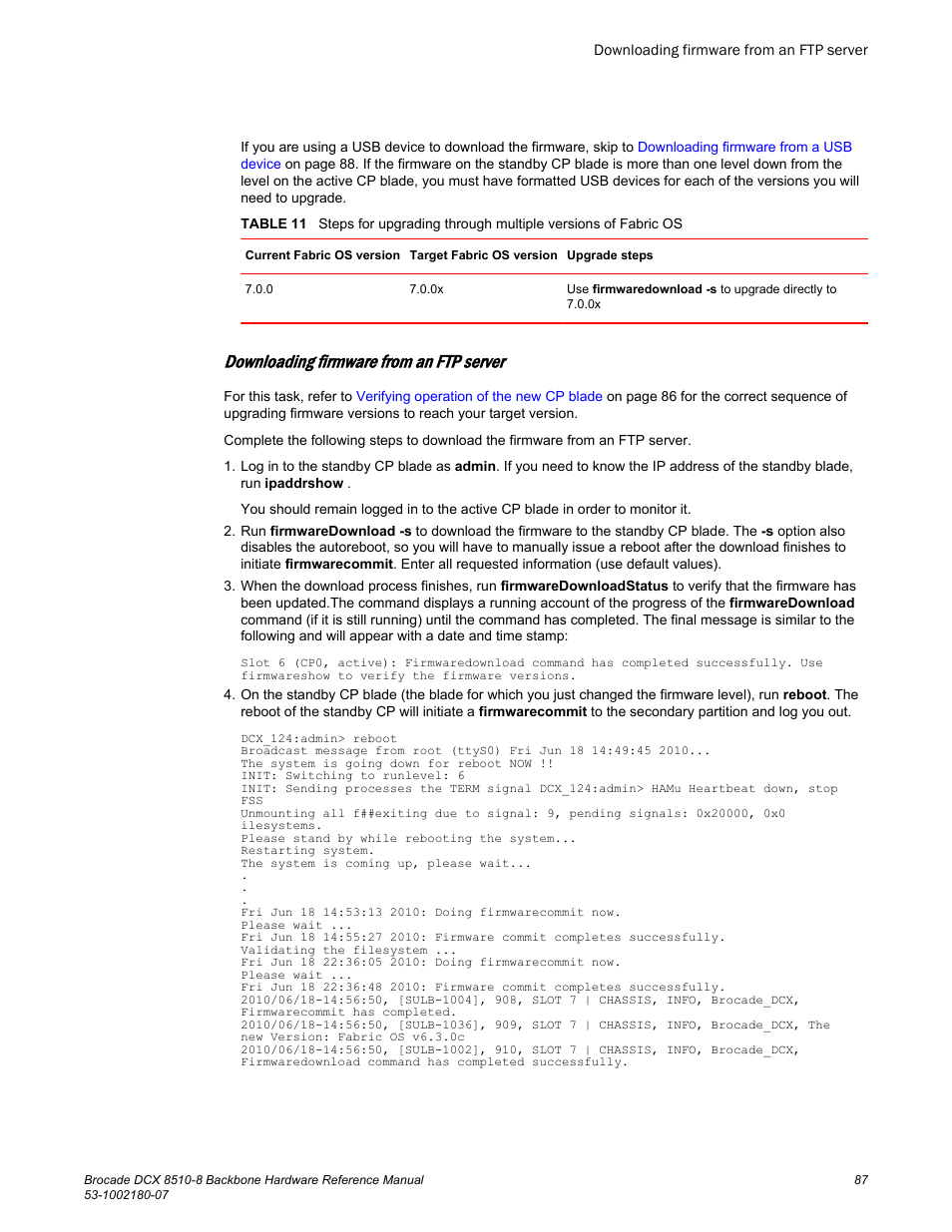 Downloading firmware from an ftp server, Table 11, Downloading firmware from an | Ftp server | Brocade DCX 8510-8 Backbone Hardware Reference Manual User Manual | Page 87 / 178