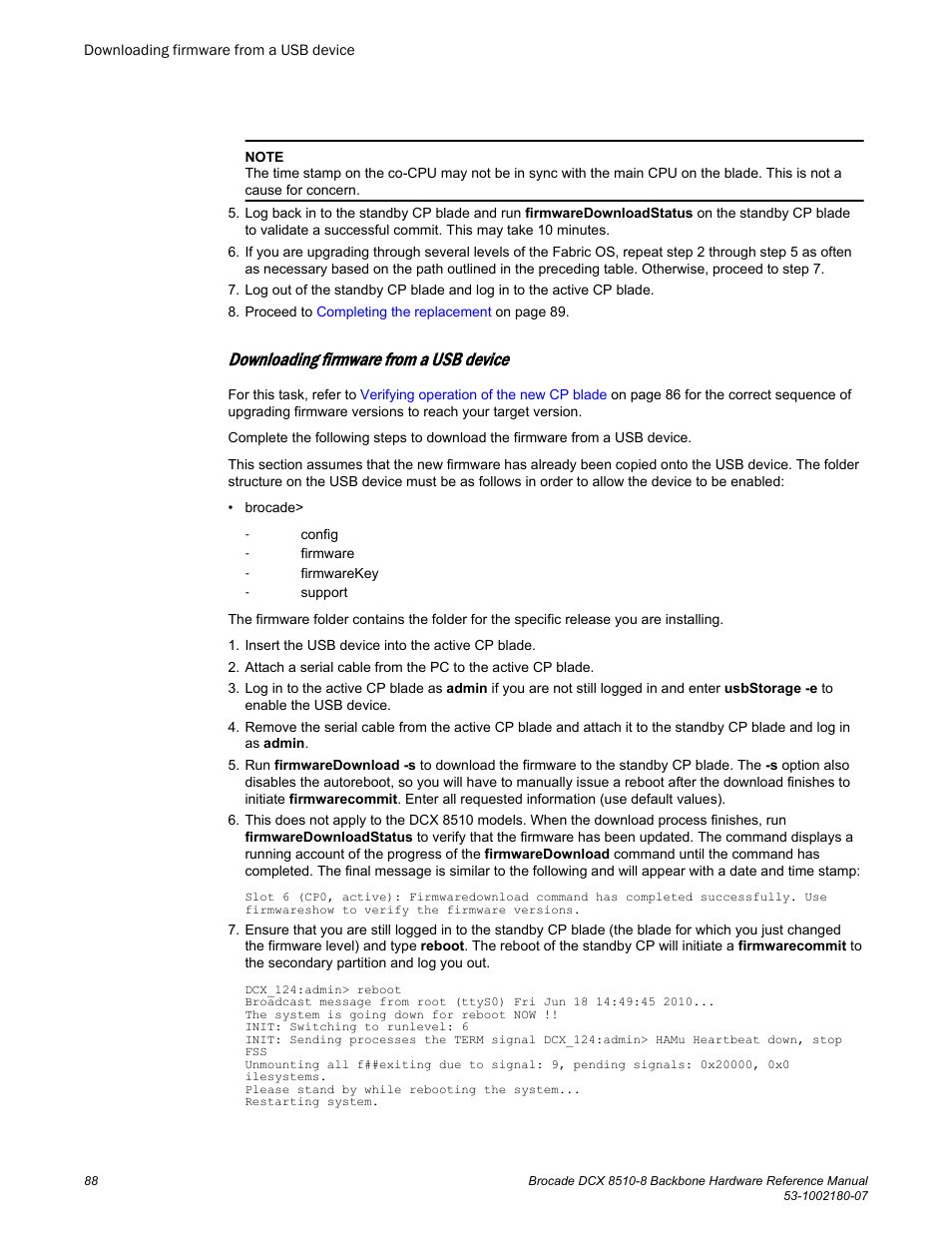 Downloading firmware from a usb device, Downloading firmware from a usb, Device | Brocade DCX 8510-8 Backbone Hardware Reference Manual User Manual | Page 88 / 178