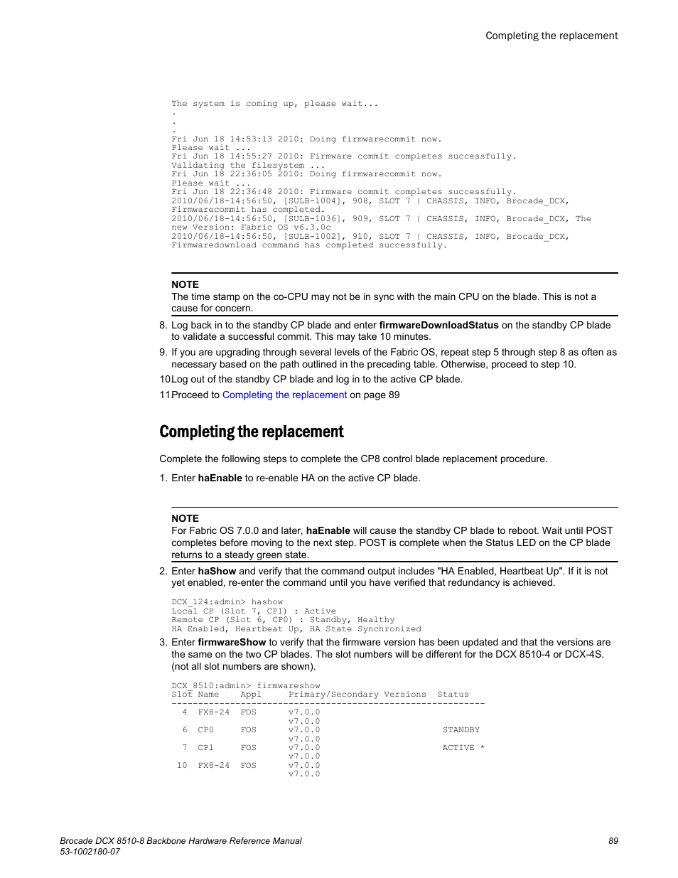 Completing the replacement, Proceed to | Brocade DCX 8510-8 Backbone Hardware Reference Manual User Manual | Page 89 / 178