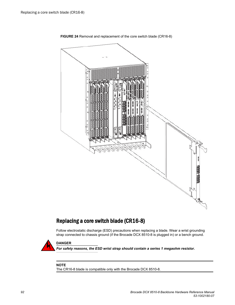 Replacing a core switch blade (cr16-8) | Brocade DCX 8510-8 Backbone Hardware Reference Manual User Manual | Page 92 / 178
